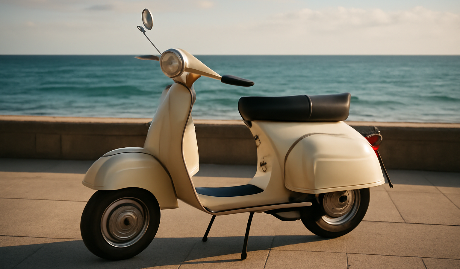 scooter classique garé sur esplanade bord de mer