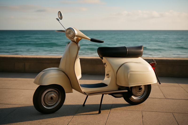 scooter classique garé sur esplanade bord de mer