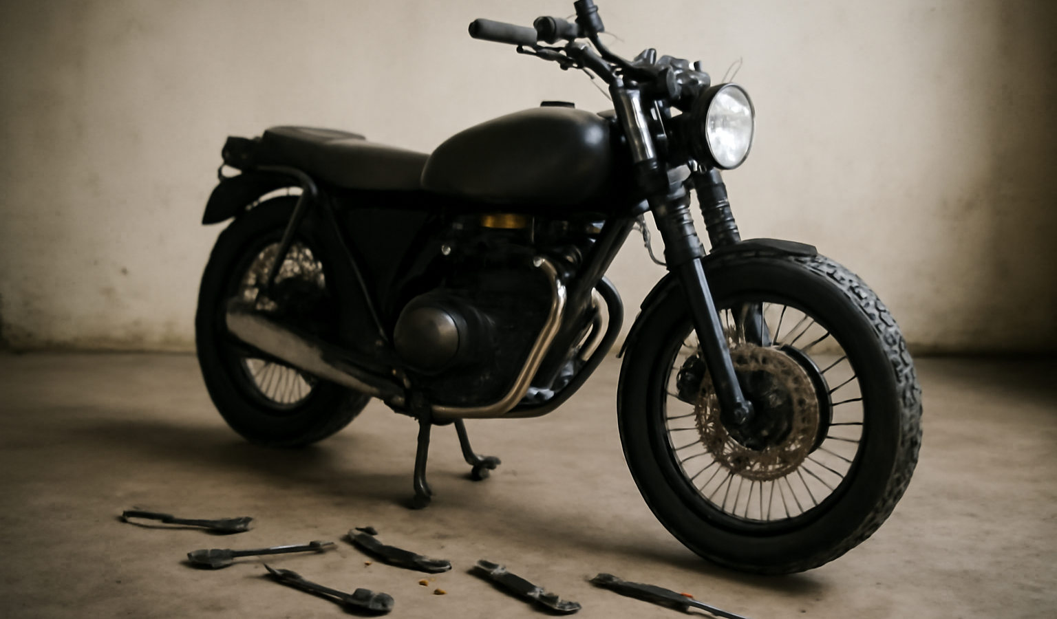 moto sur béquille avec outils autour