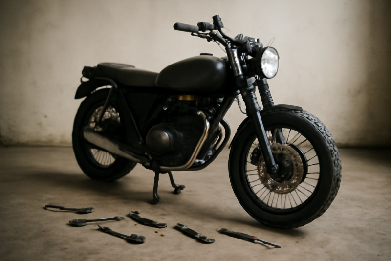 moto sur béquille avec outils autour