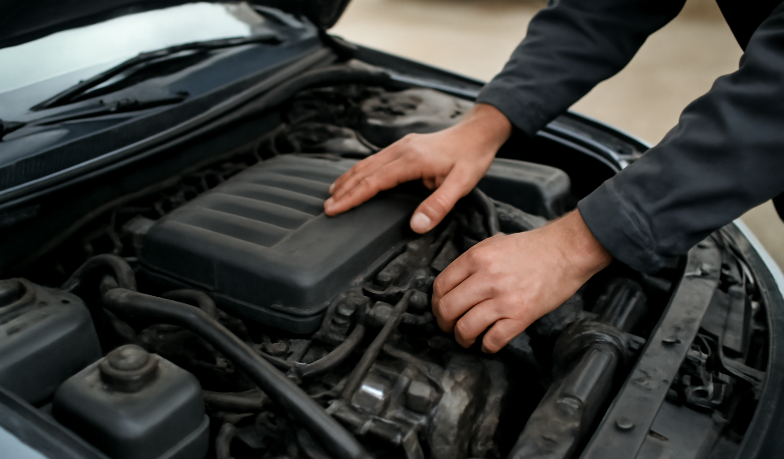 capot ouvert avec mains verifiant moteur