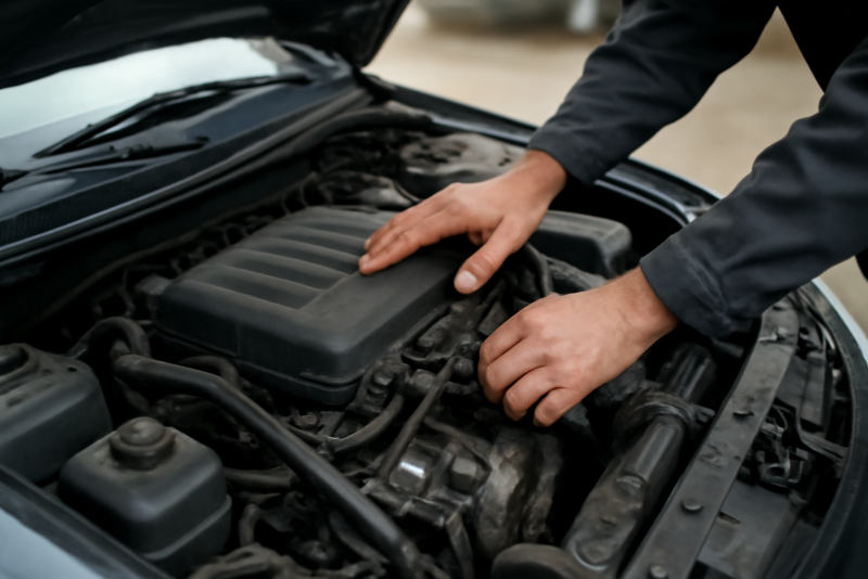 capot ouvert avec mains verifiant moteur