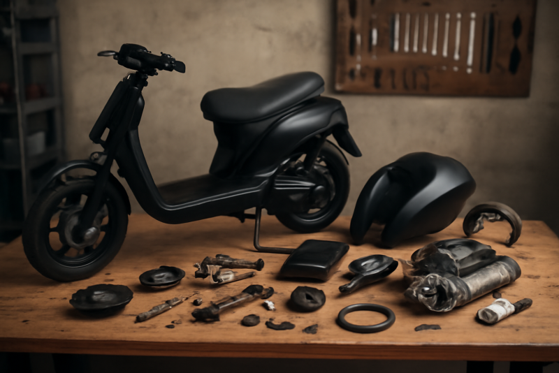 scooter avec pieces demontees sur etabli