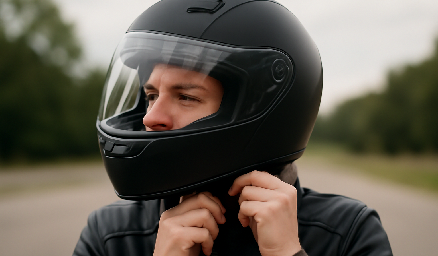 personne ajustant un casque moto