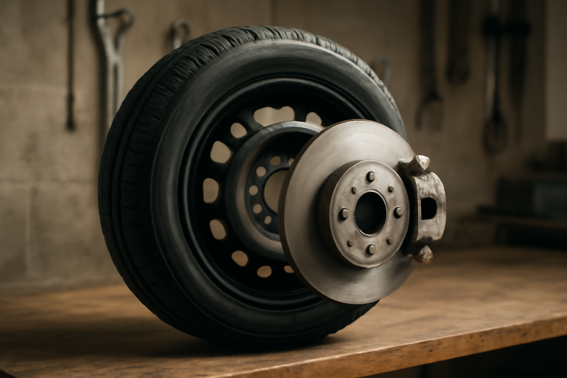 roue et disque de frein poses sur etabli