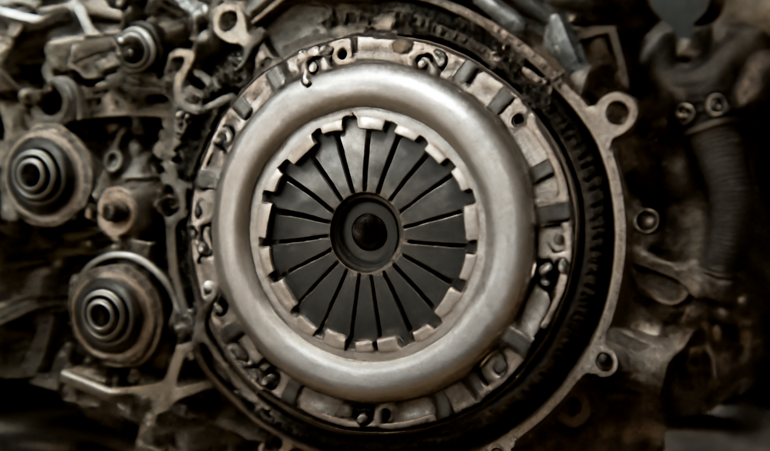 moteur ouvert avec systeme embrayage visible