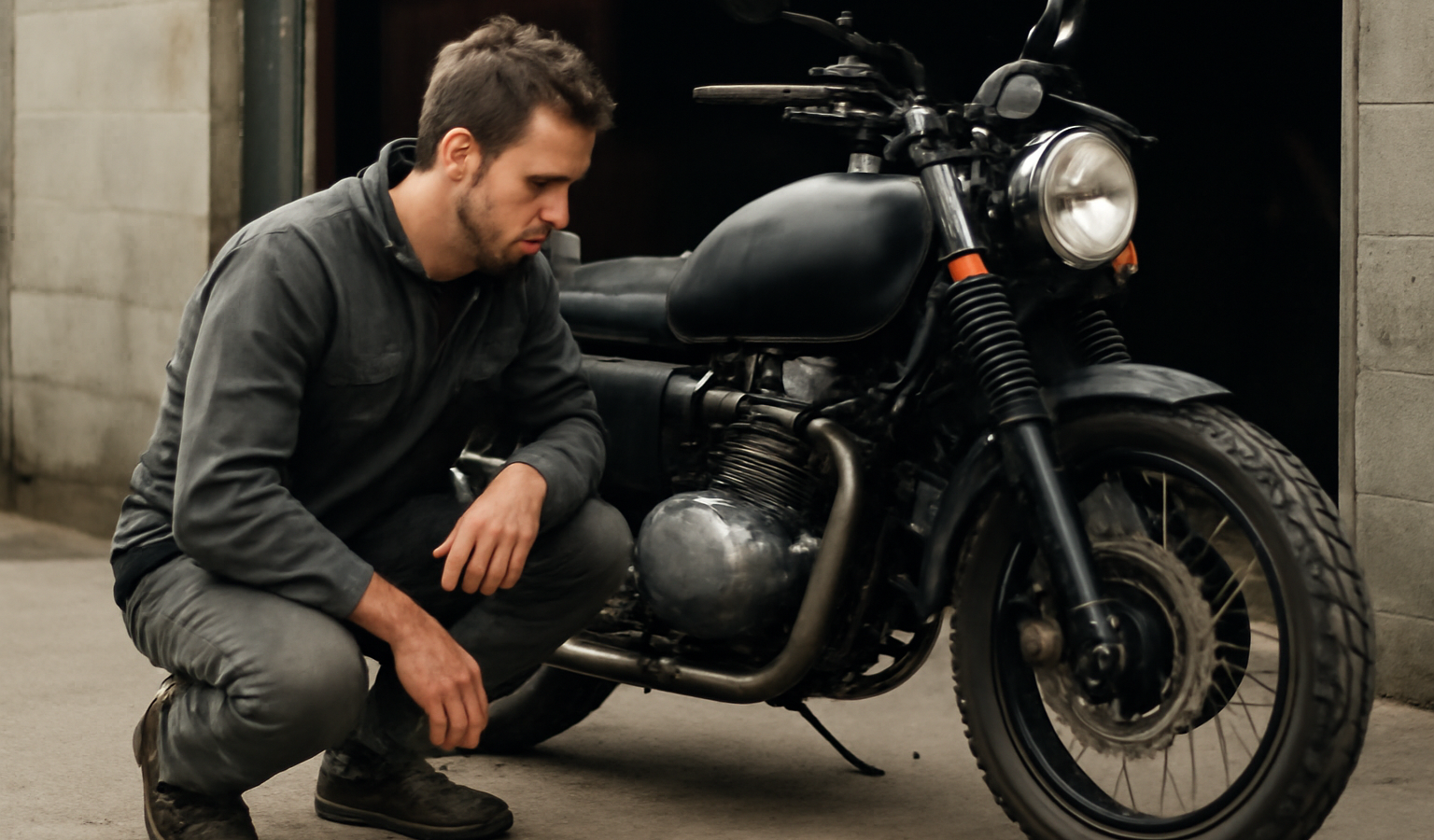 mecanicien observant moto en stationnement