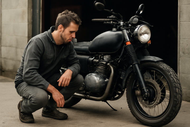 mecanicien observant moto en stationnement