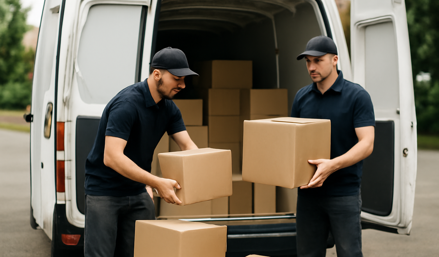 livreurs chargeant colis dans camion de tournée