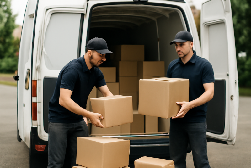 livreurs chargeant colis dans camion de tournée