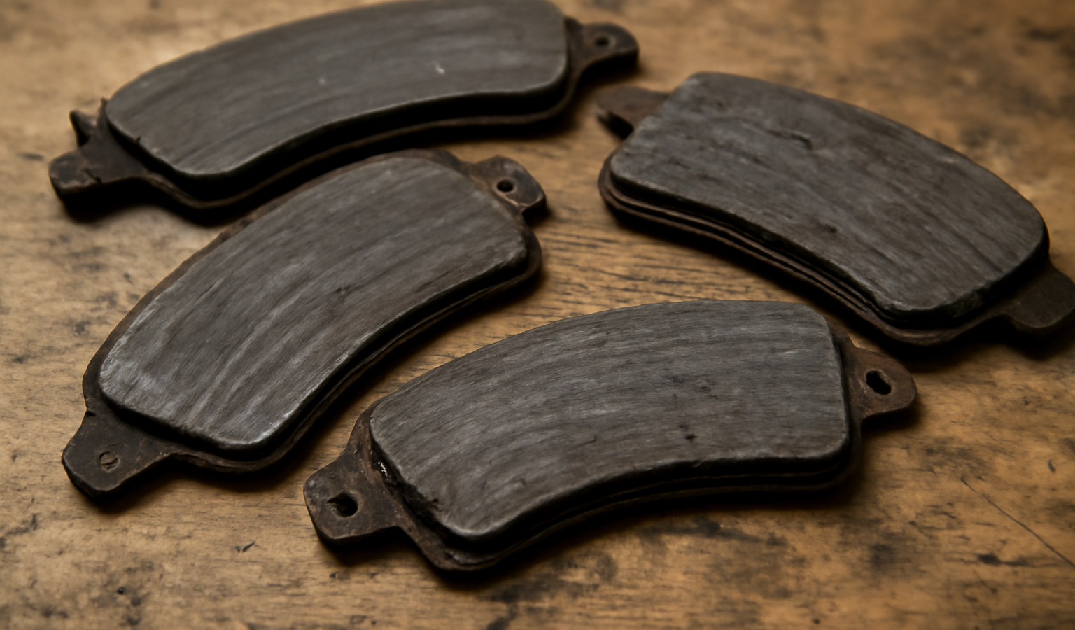 plaquettes de frein usées posées sur établi