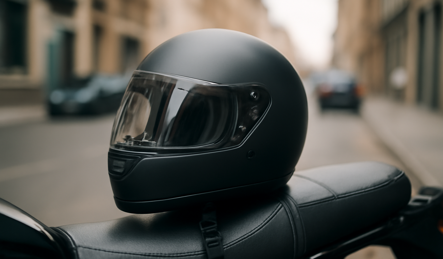 casque moto posé sur selle en ville