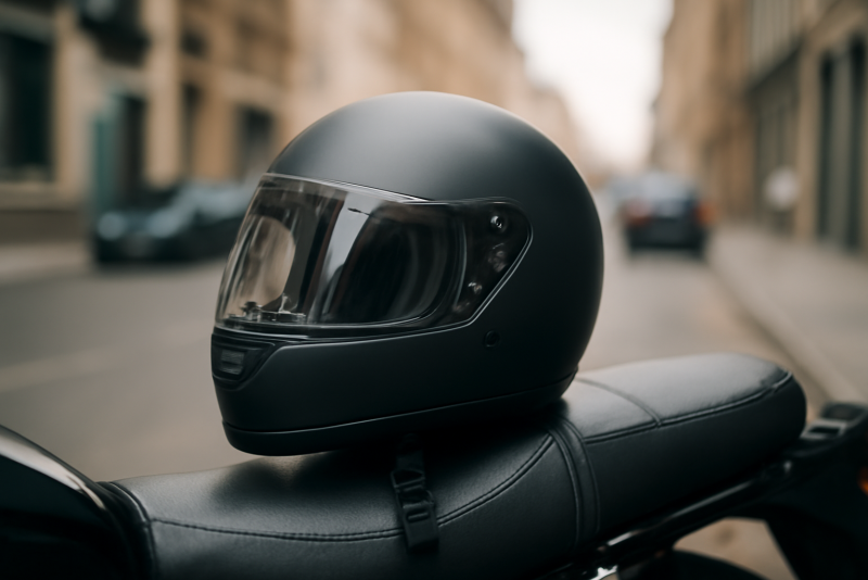 casque moto posé sur selle en ville