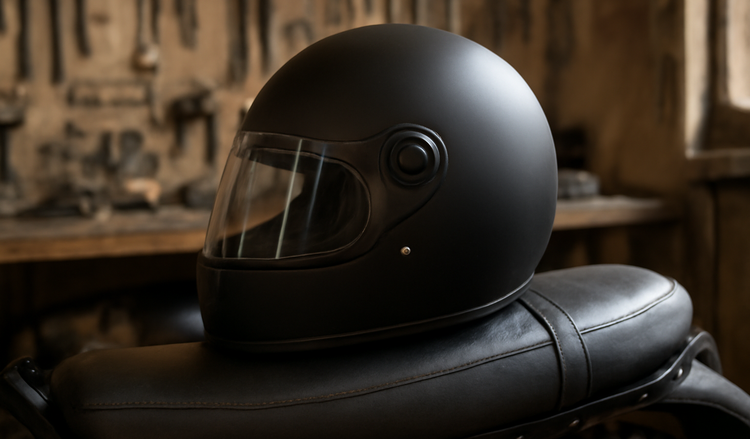 casque moto pose sur selle en atelier