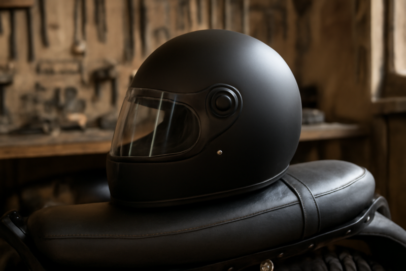 casque moto pose sur selle en atelier