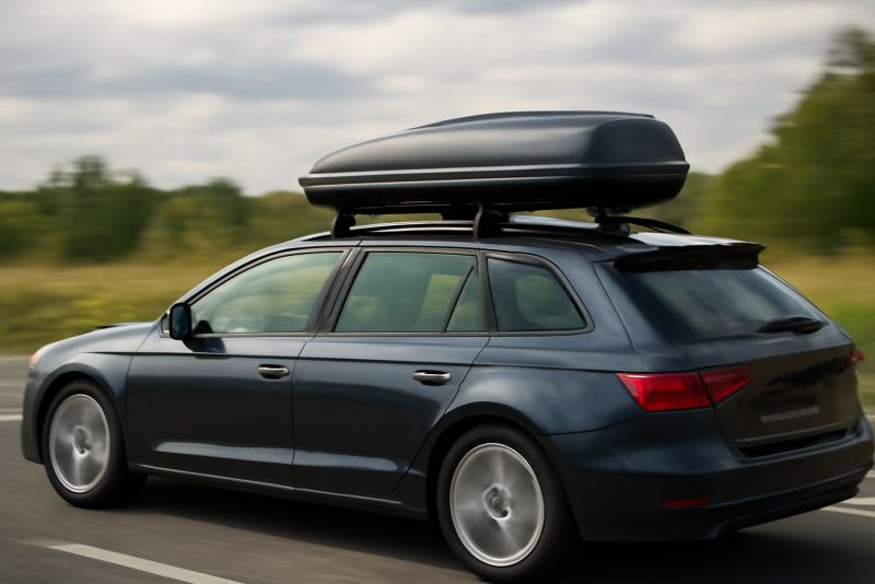 coffre de toit installe sur voiture en route