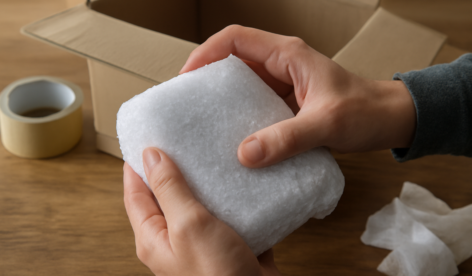 mains emballant objet fragile avec mousse
