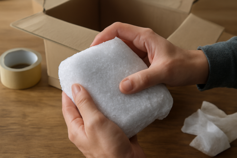 mains emballant objet fragile avec mousse