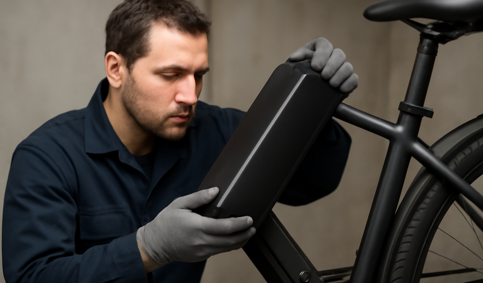 technicien manipulant batterie de vélo électrique
