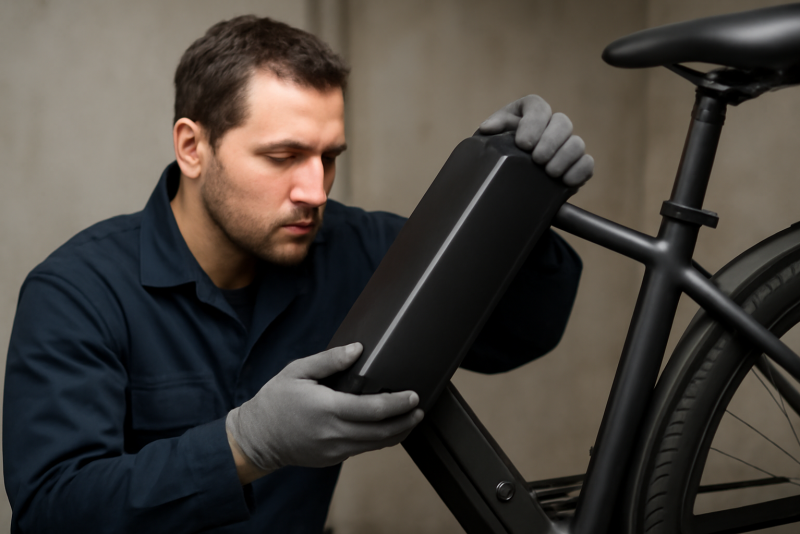 technicien manipulant batterie de vélo électrique