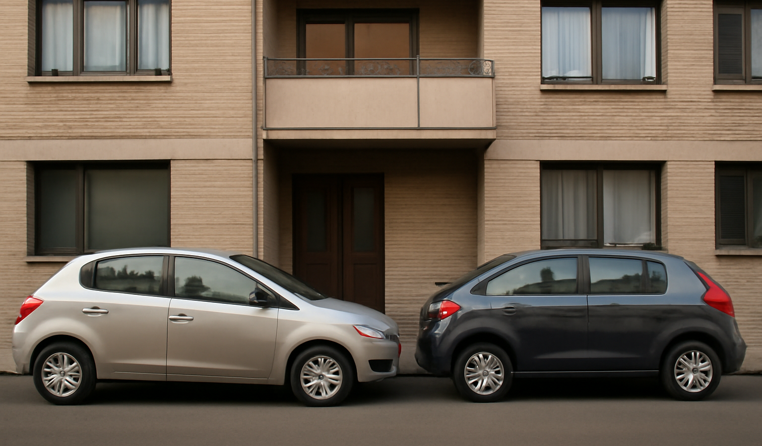 deux citadines garees devant un immeuble