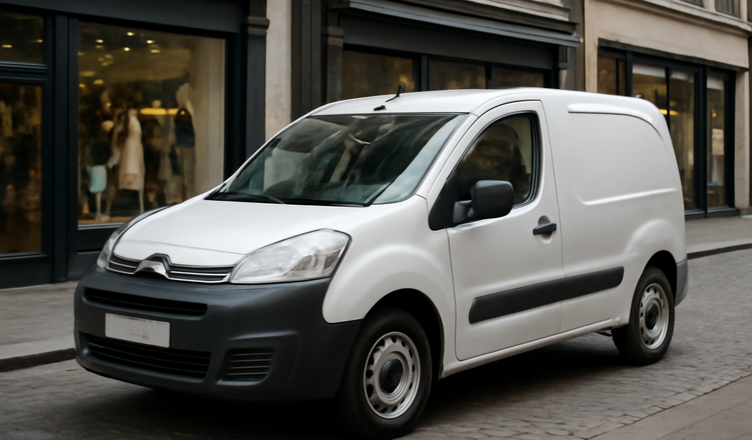 utilitaire compact chargé dans rue commerciale