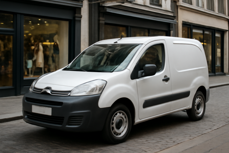 utilitaire compact chargé dans rue commerciale