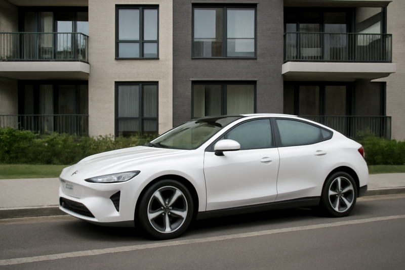 voiture electrique garée devant immeuble residentiel