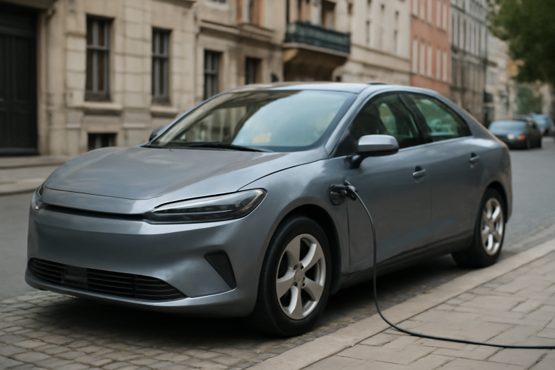 voiture electrique occasion stationnee en ville