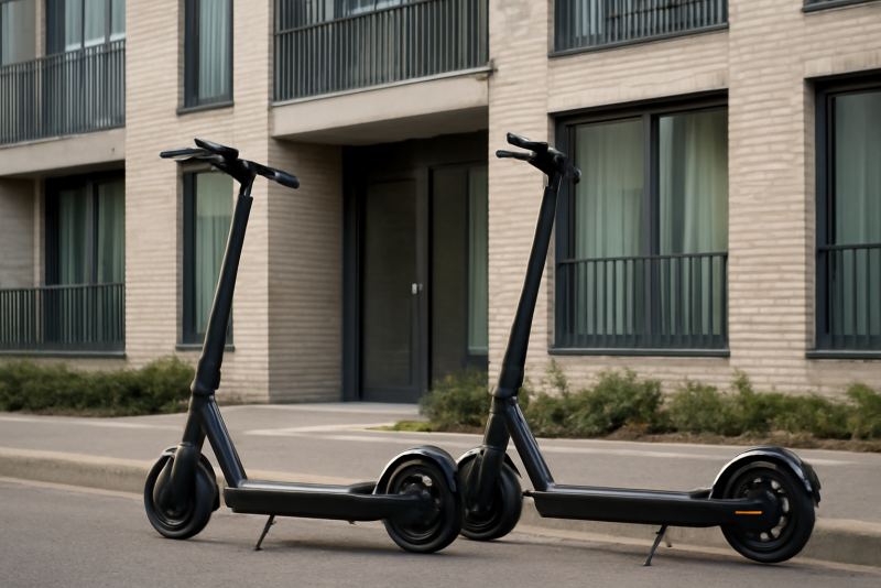 deux scooters électriques garés devant un immeuble