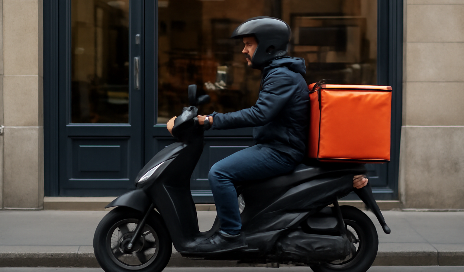 livreur à scooter garé devant boutique