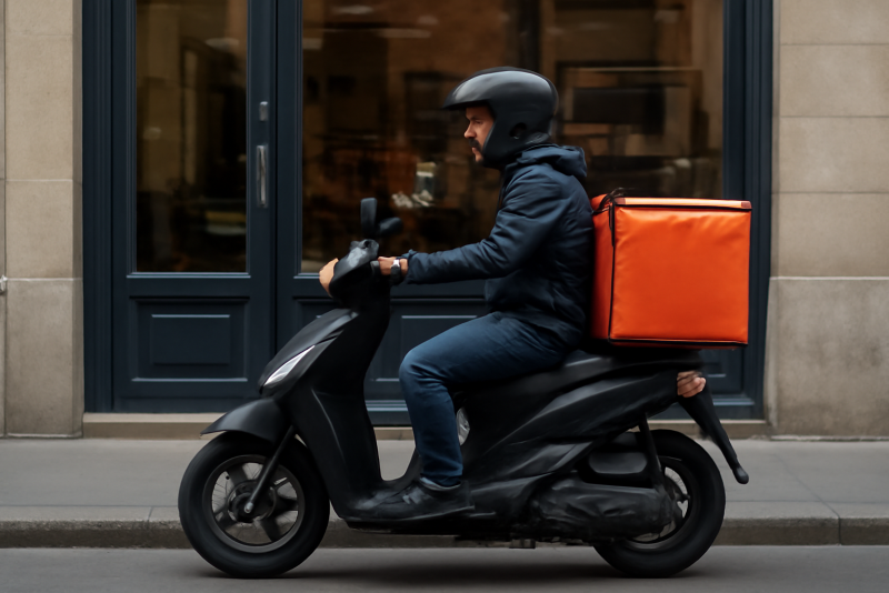 livreur à scooter garé devant boutique