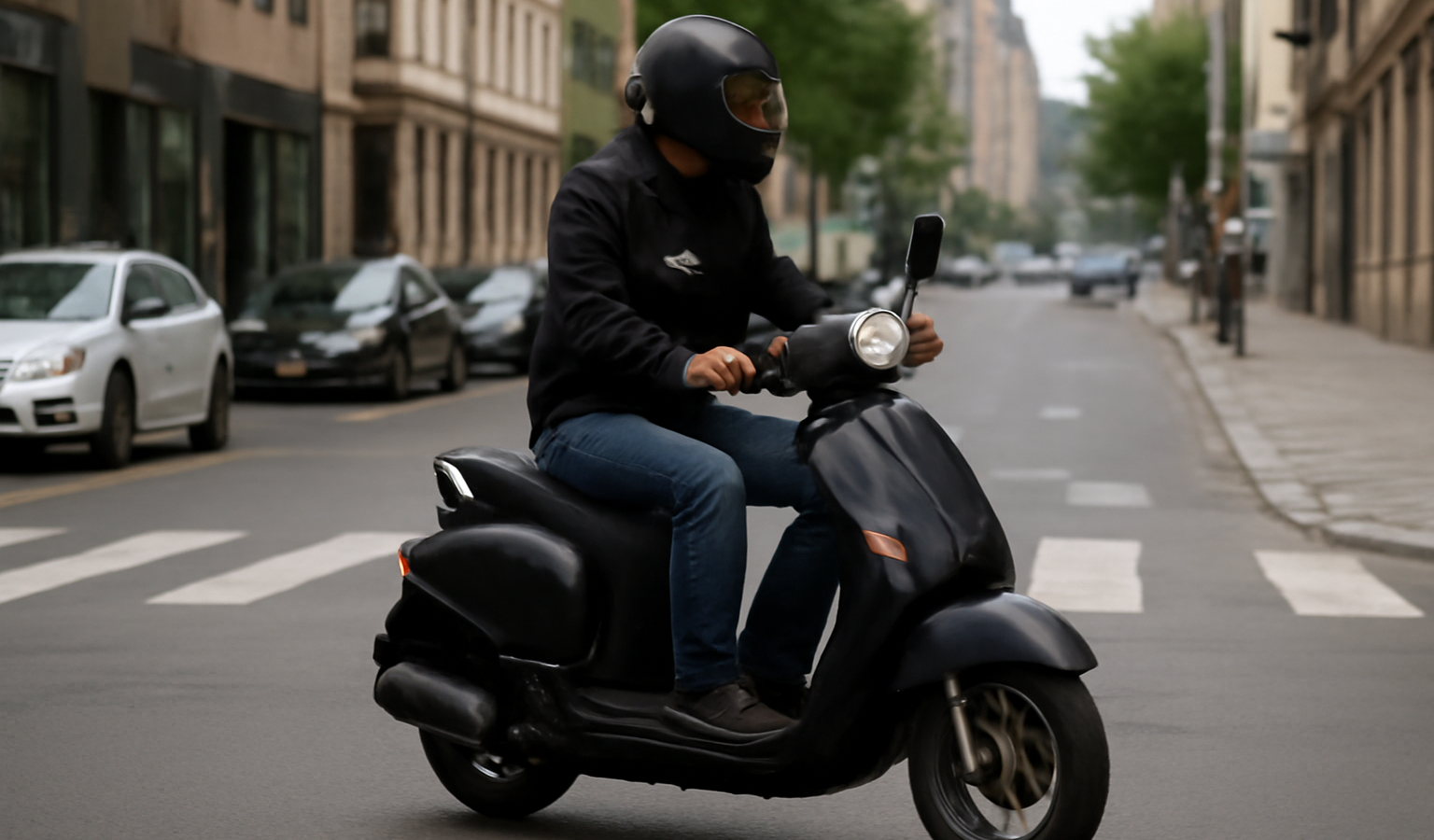 personne en scooter traversant rue urbaine