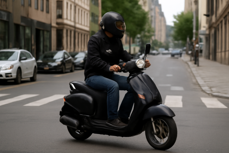 personne en scooter traversant rue urbaine