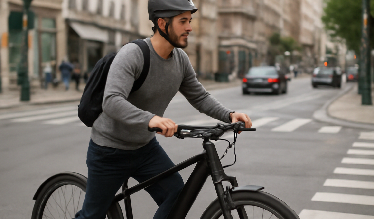 cycliste poussant un vélo électrique en ville
