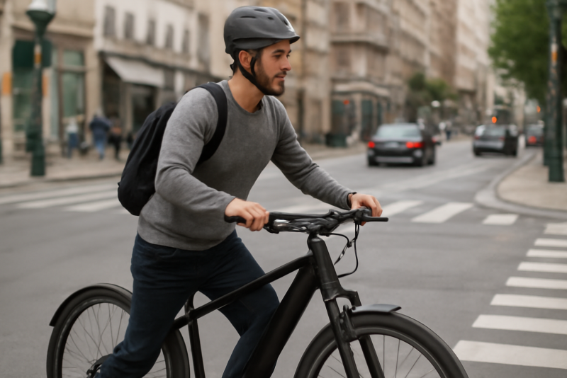 cycliste poussant un vélo électrique en ville