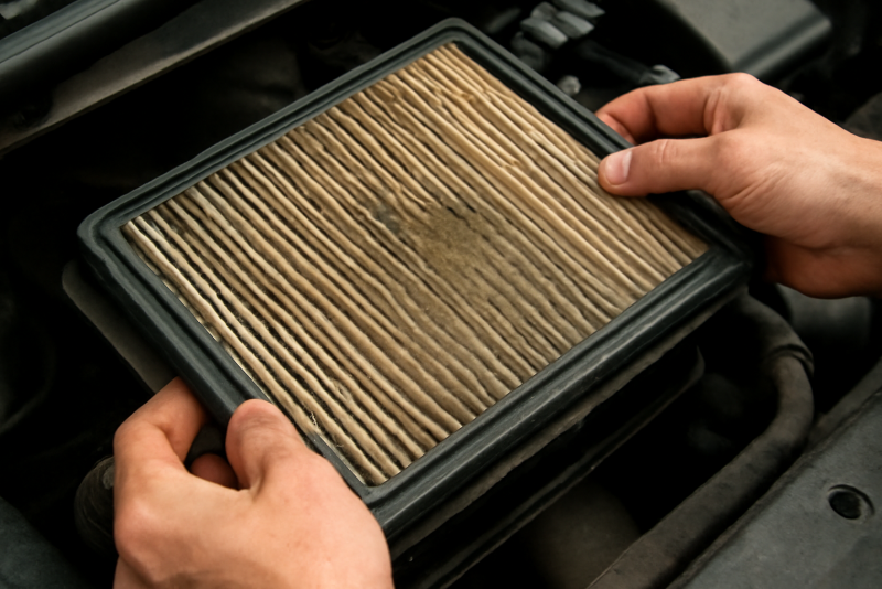 mains retirant un filtre à air poussiéreux