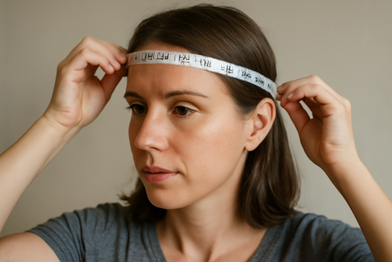 personne mesurant tour de tête avec mètre