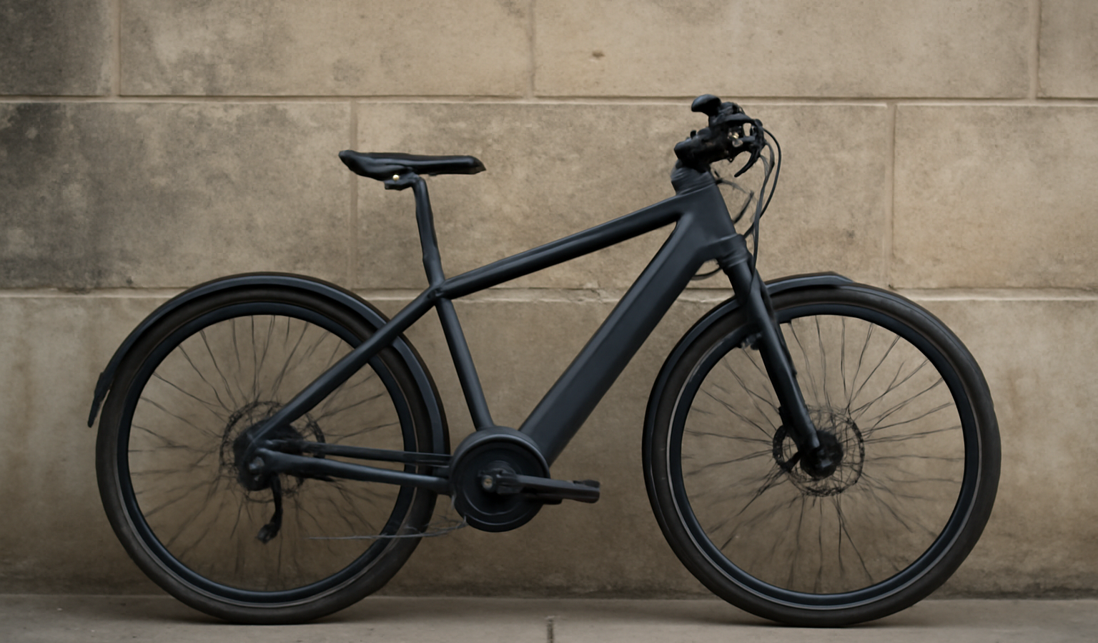 vélo électrique appuyé contre un mur urbain