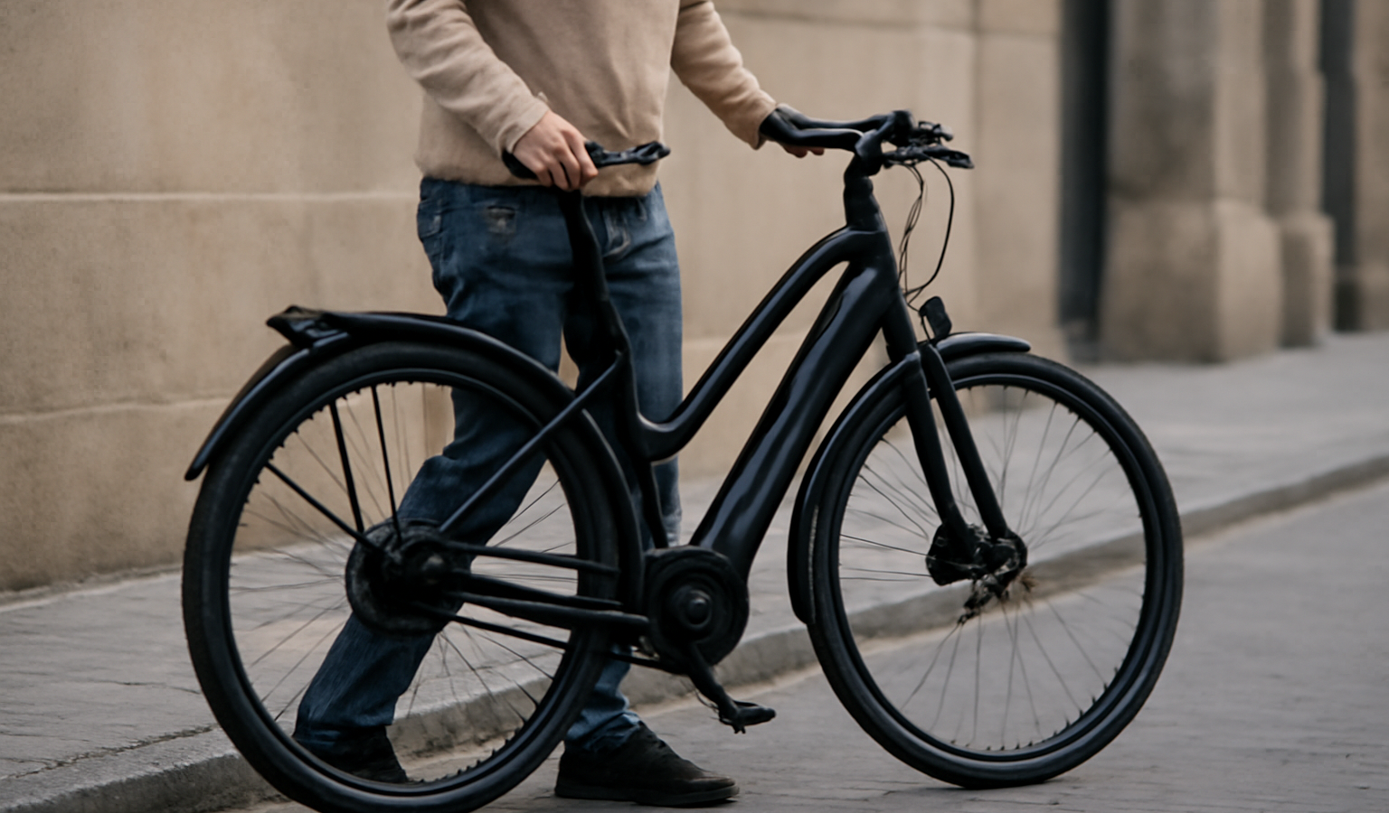 personne poussant un velo electrique urbain