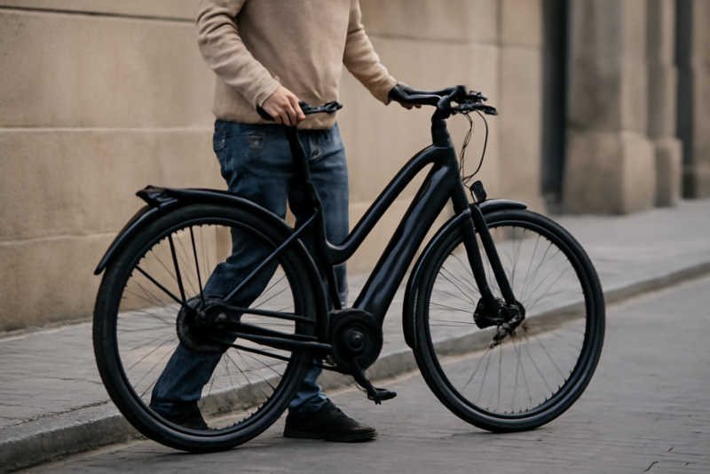 personne poussant un velo electrique urbain