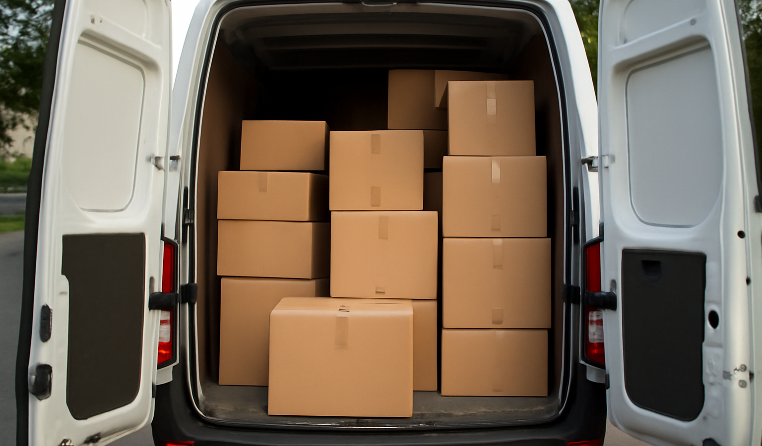 fourgon ouvert chargé de cartons de déménagement