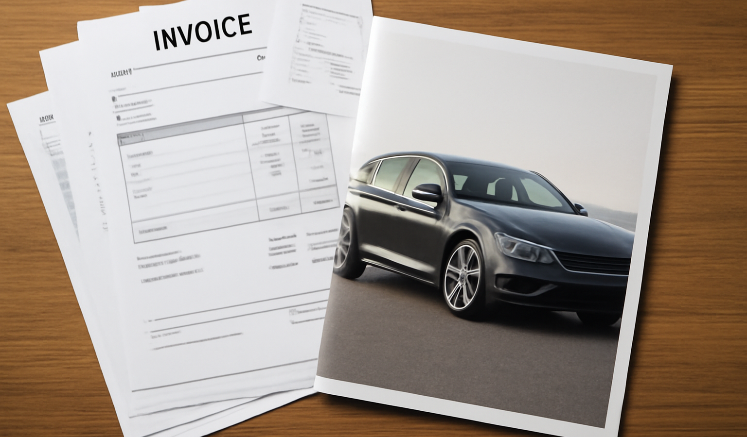 factures et brochure de voiture posées sur table