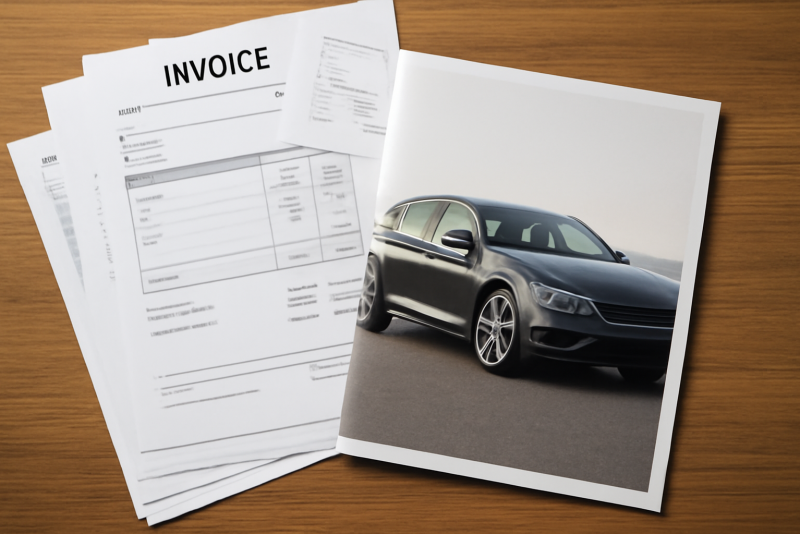 factures et brochure de voiture posées sur table