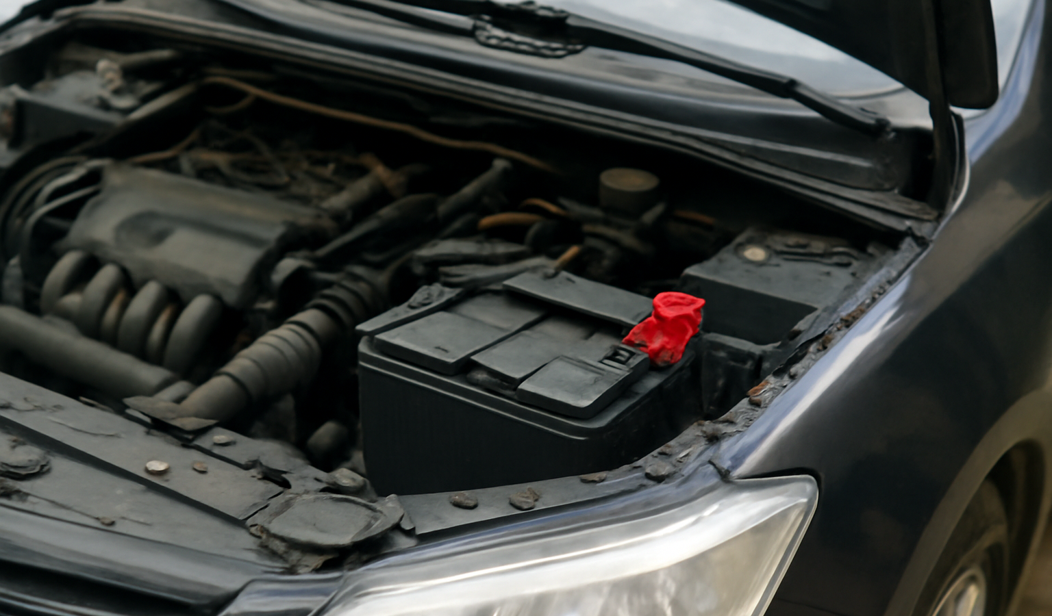capot ouvert montrant batterie de voiture