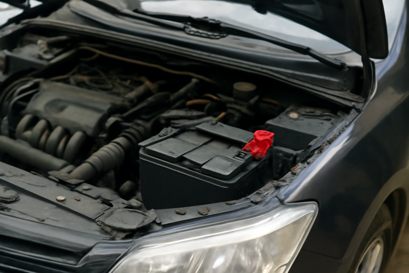 capot ouvert montrant batterie de voiture