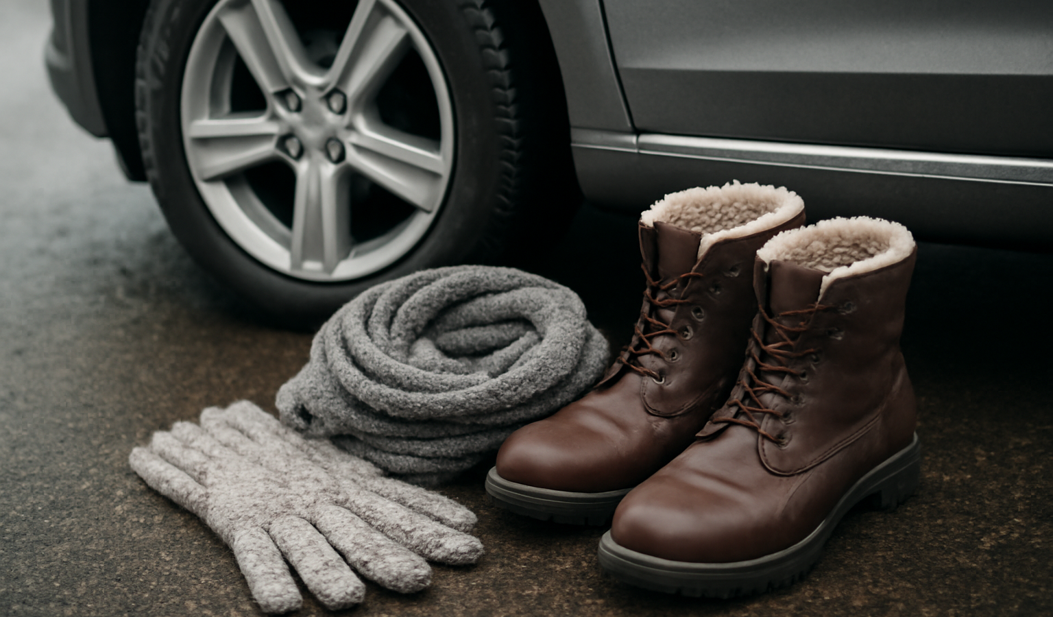 accessoires hiver posés près d'une voiture