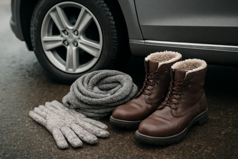 accessoires hiver posés près d'une voiture