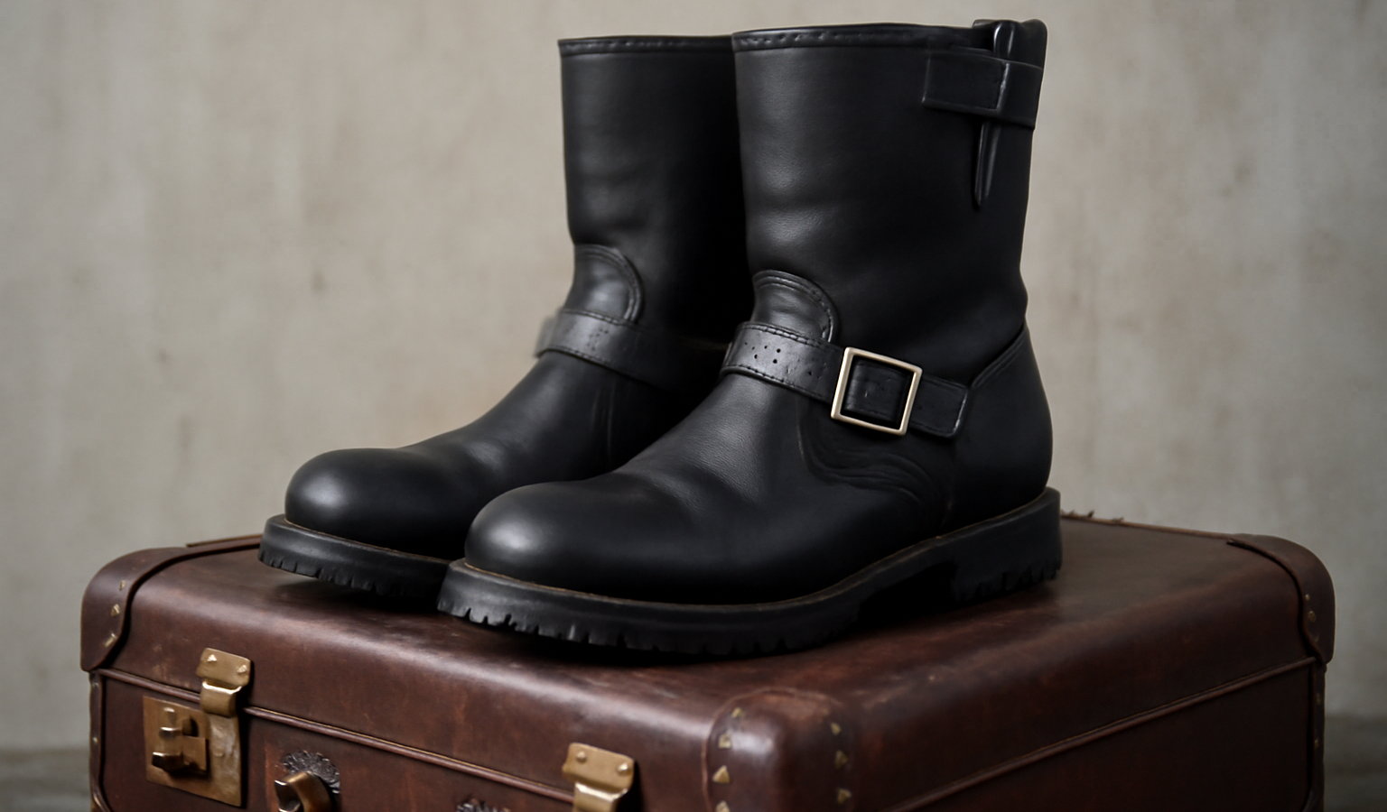 paire de bottes moto sur coffre de voyage
