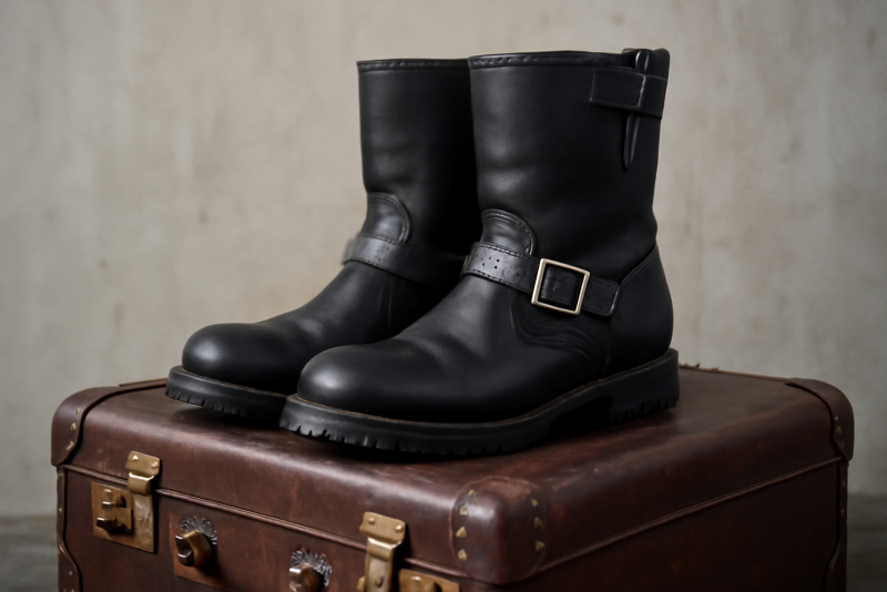 paire de bottes moto sur coffre de voyage